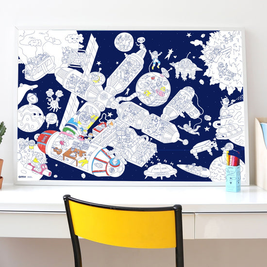 Load image into Gallery viewer, OMY Giant Coloring Poster – Space Station + Stickers (100 x 70CM)
