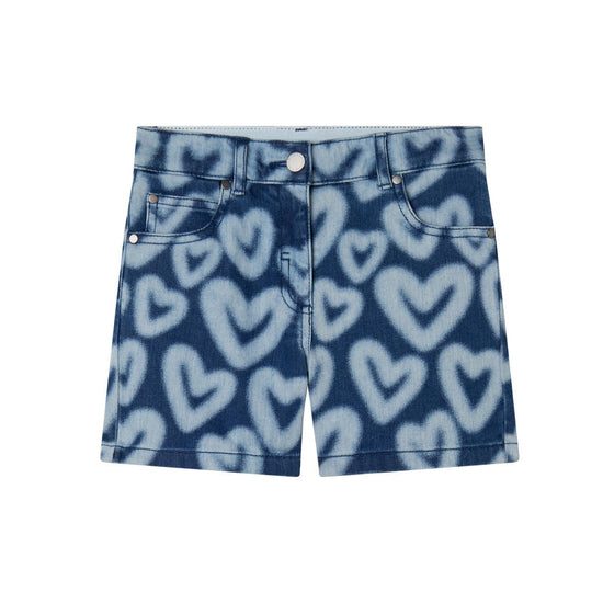 Stella McCartney Kids Denim Spray Bleached Hearts All-Over Print Shorts