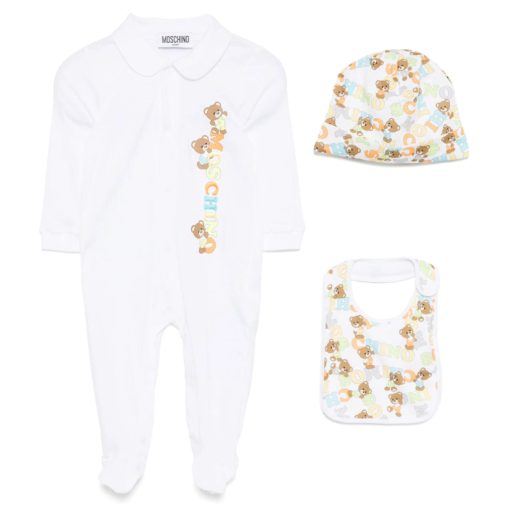 Moschino Kids Teddy Graphic Romper Bib With Hat Set