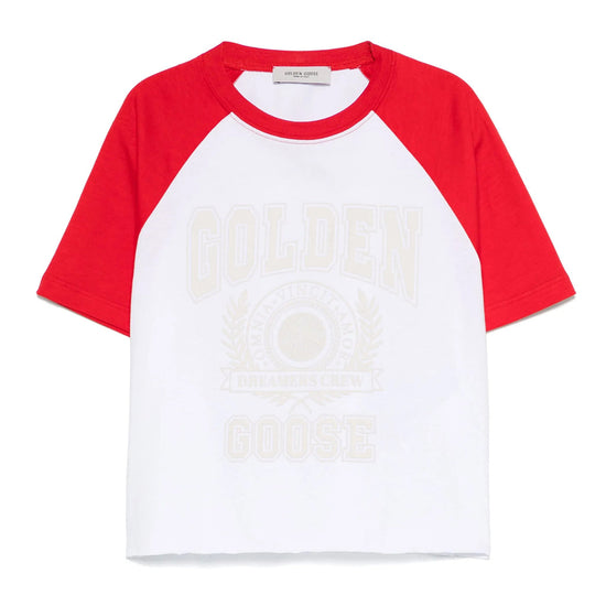 Golden Goose Journey Girl’s Crop Raglan T-shirt Cotton Jersey Contrast Sleeve With Print