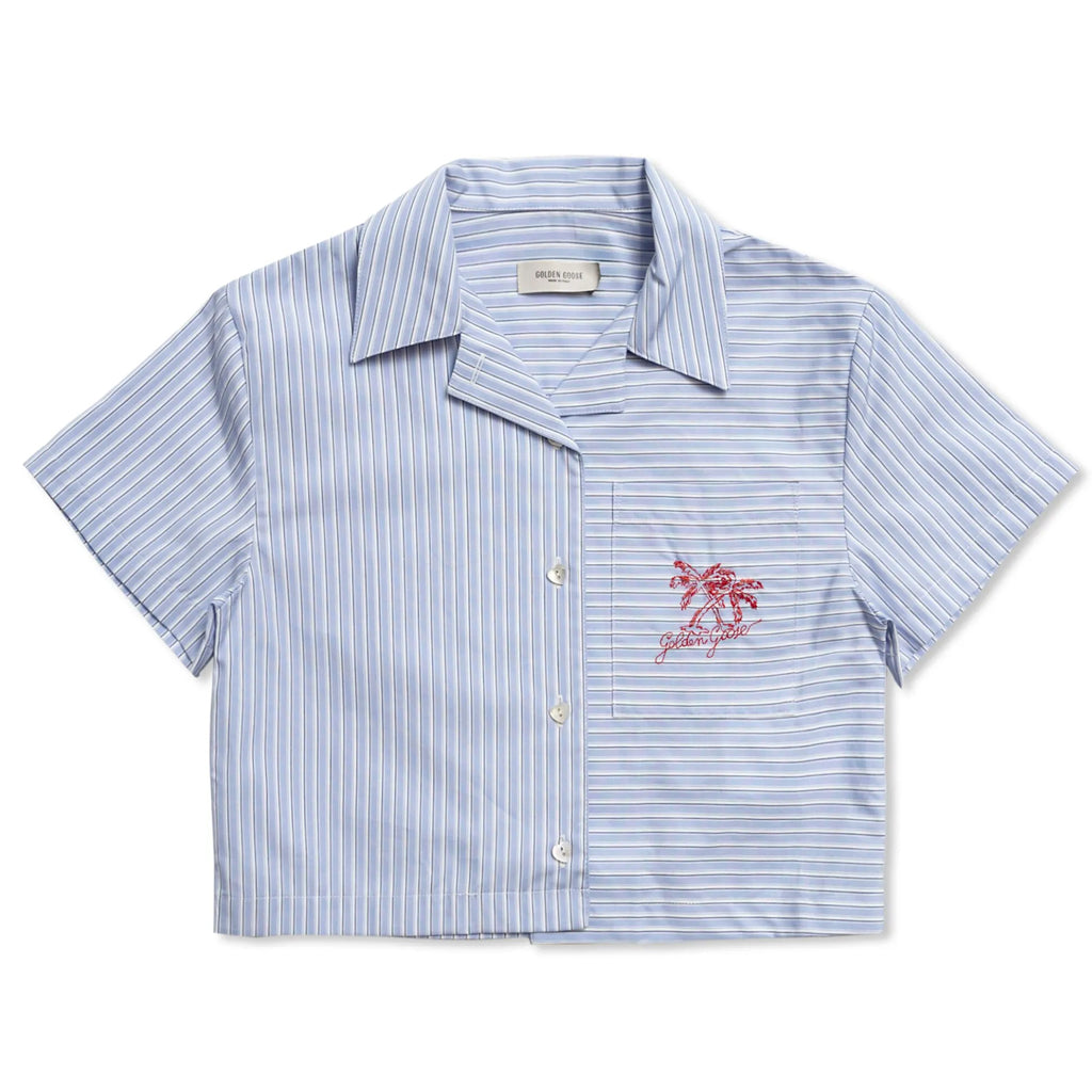 Golden Goose Journey Girl’s Crop Shirt Stripes Cotton Shirting With Embroidery on Pocket
