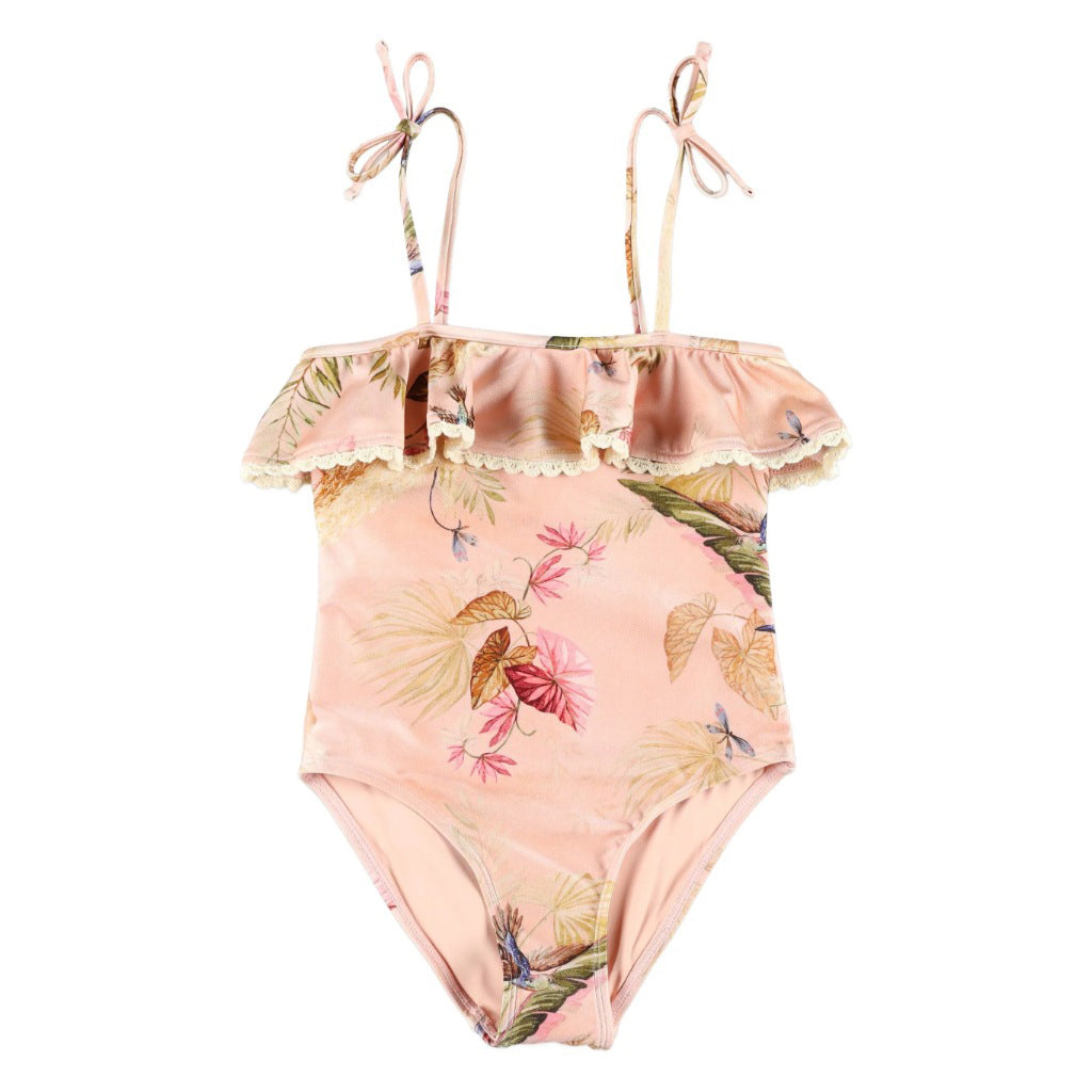 Zimmermann Kids Pink Palm Floral Rhiannon Kids Trim Frill Swimsuit