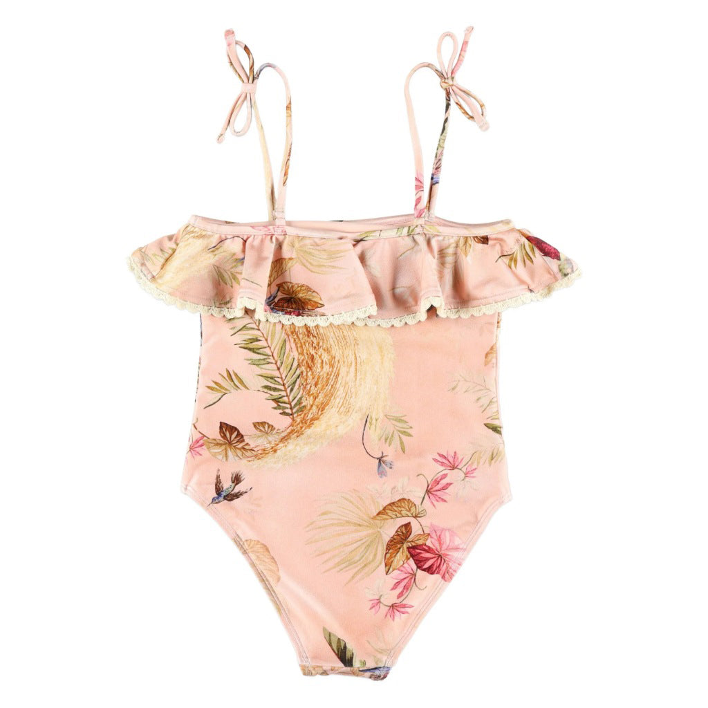 Zimmermann Kids Pink Palm Floral Rhiannon Kids Trim Frill Swimsuit