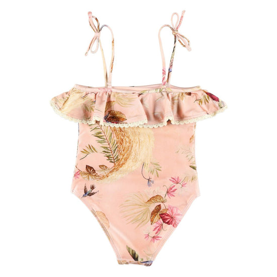 Zimmermann Kids Pink Palm Floral Rhiannon Kids Trim Frill Swimsuit