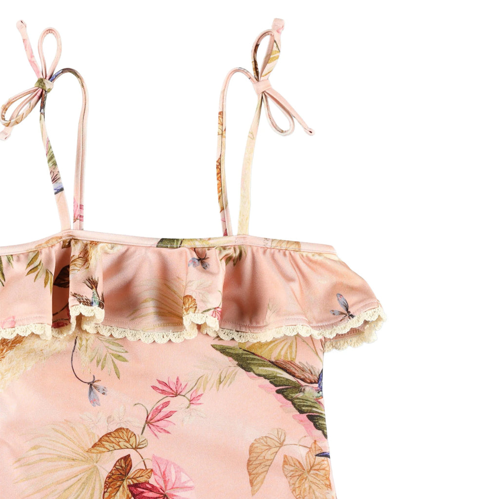 Zimmermann Kids Pink Palm Floral Rhiannon Kids Trim Frill Swimsuit