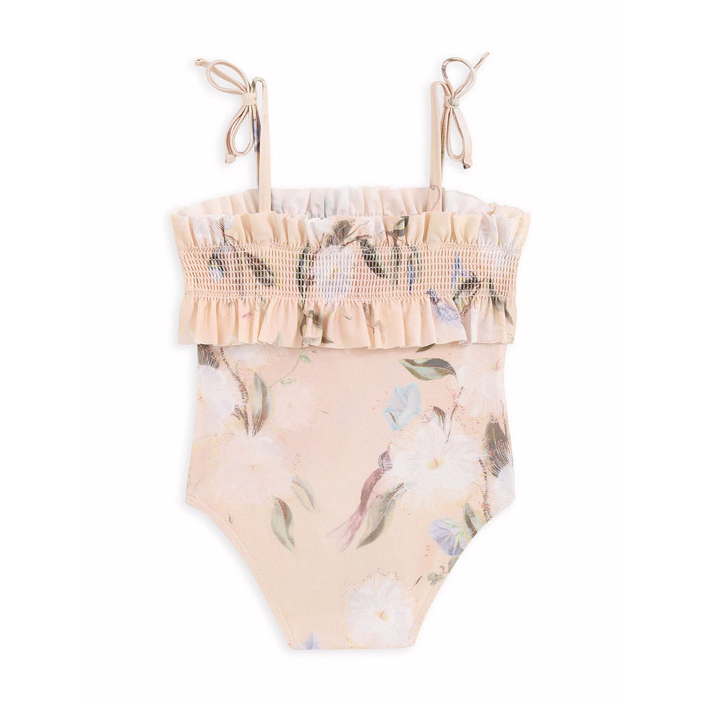 Zimmermann Kids Cream Botanical Floral Cascadian Kids Shirred Swimsuit