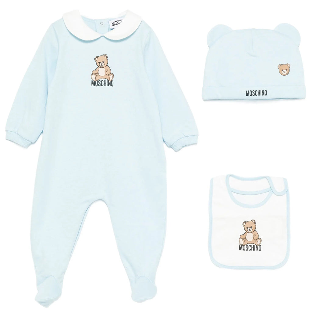Moschino Kids Babygrow Bib and Hat Set