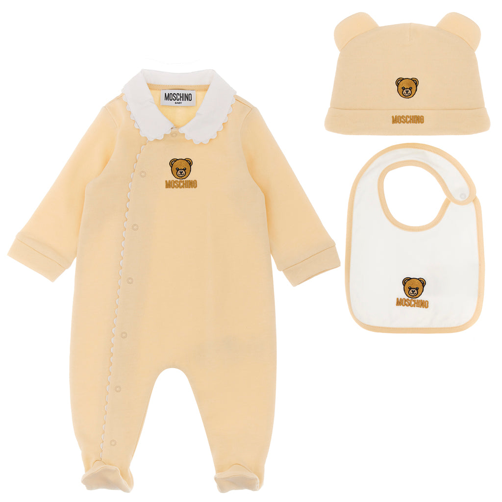 Moschino Kids Babygrow Bib and Hat Set