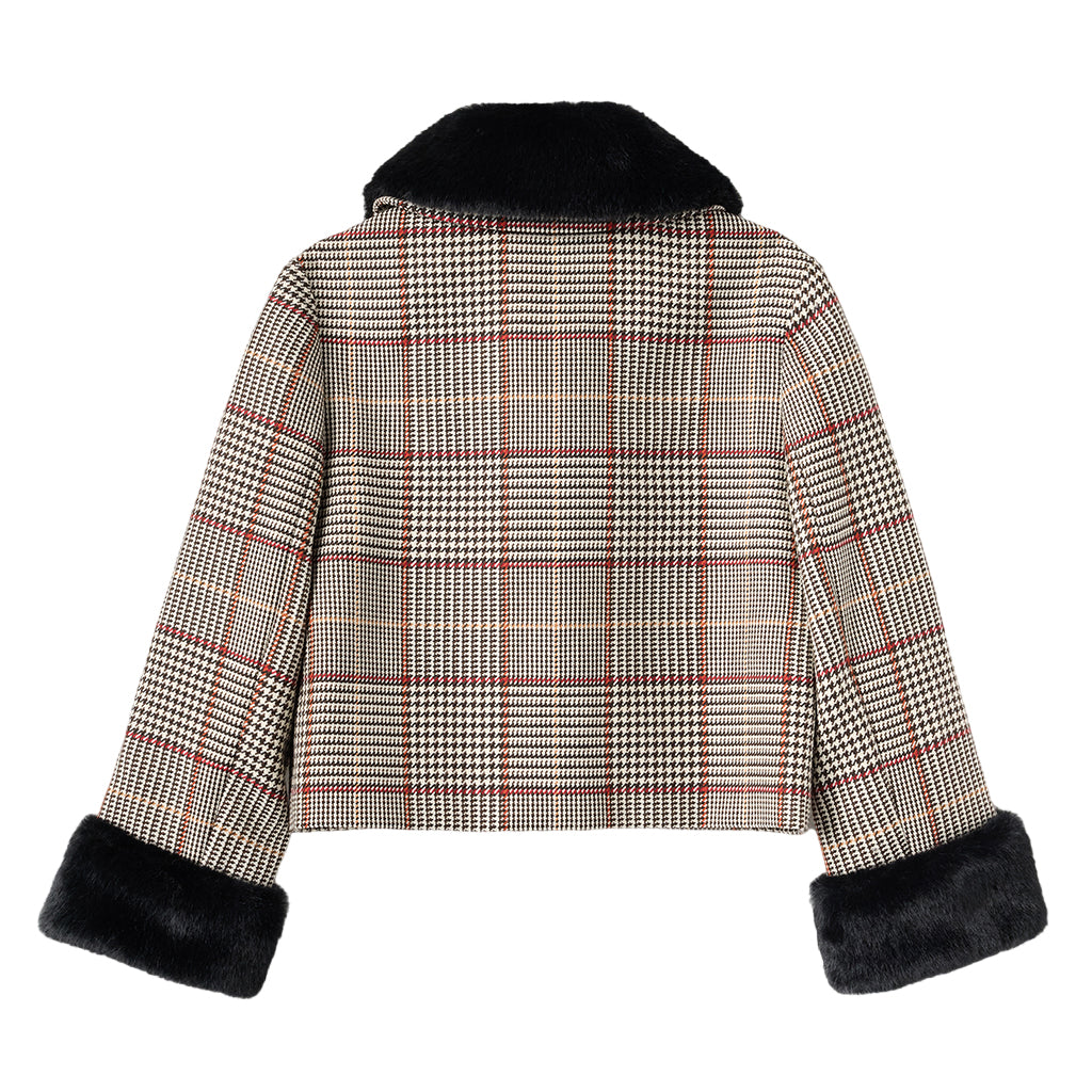 Self Portrait Kids Brown Check Fur Jacket