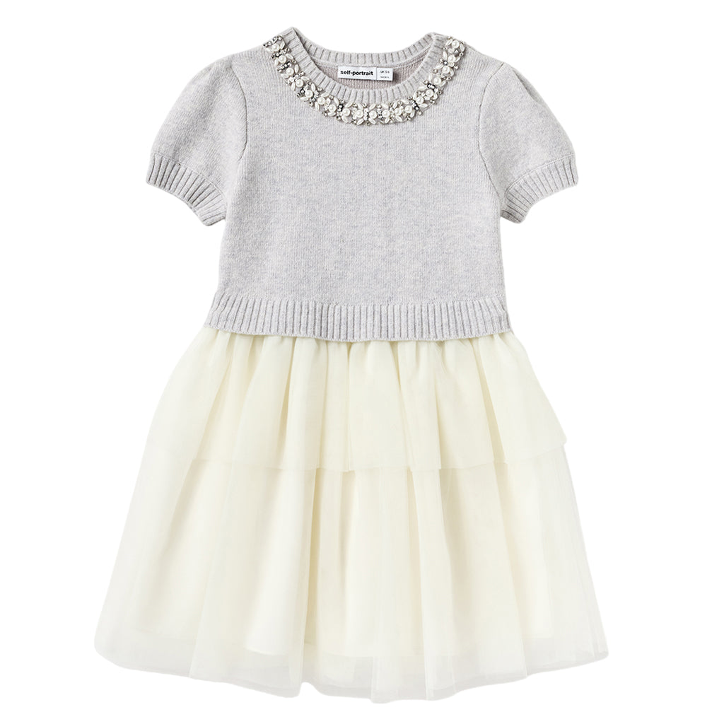 Self Portrait Kids Grey Knit Tulle Dress