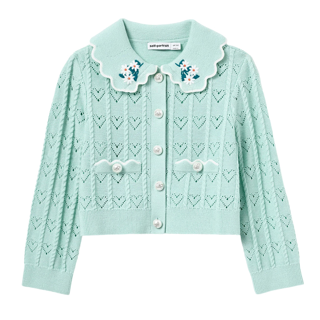 Self Portrait Kids Mint Heart Knit Cardigan