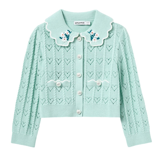 Self Portrait Kids Mint Heart Knit Cardigan