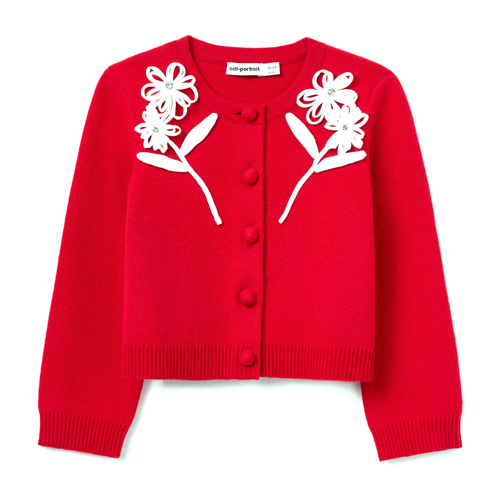 Self Portrait Kids Red Cotton Flower Trim Cardigan