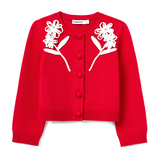Self Portrait Kids Red Cotton Flower Trim Cardigan