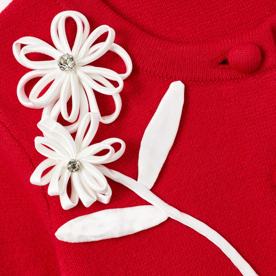 Self Portrait Kids Red Cotton Flower Trim Cardigan