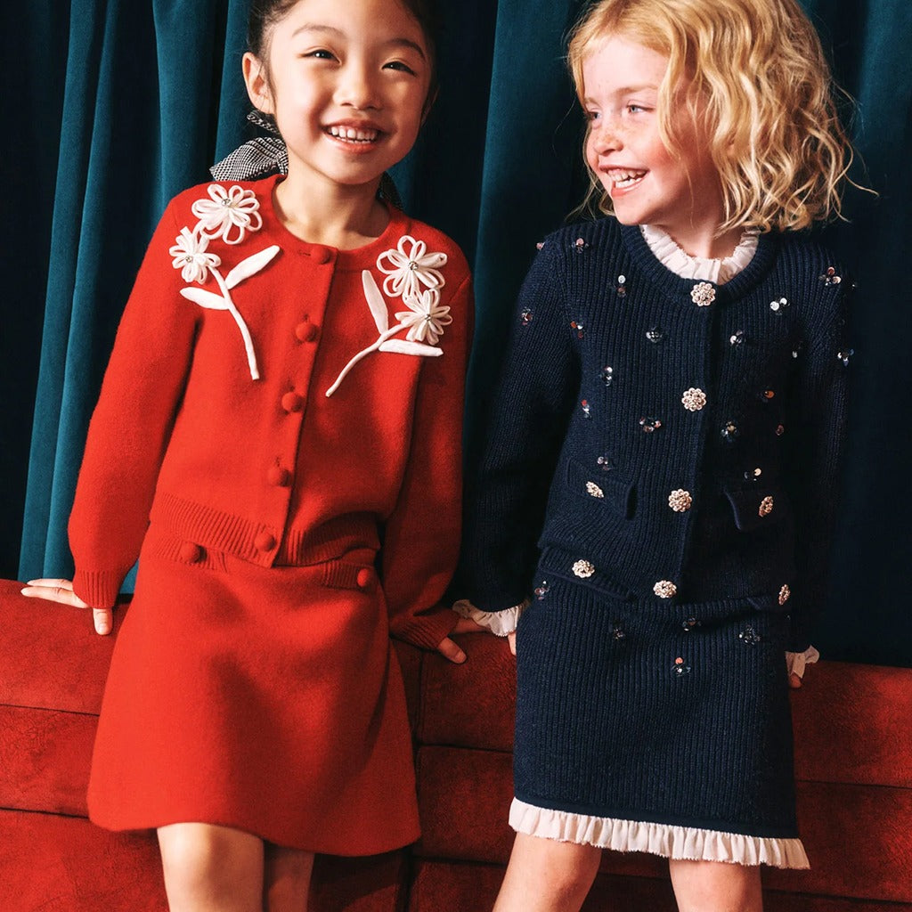 Self Portrait Kids Red Cotton Flower Trim Cardigan