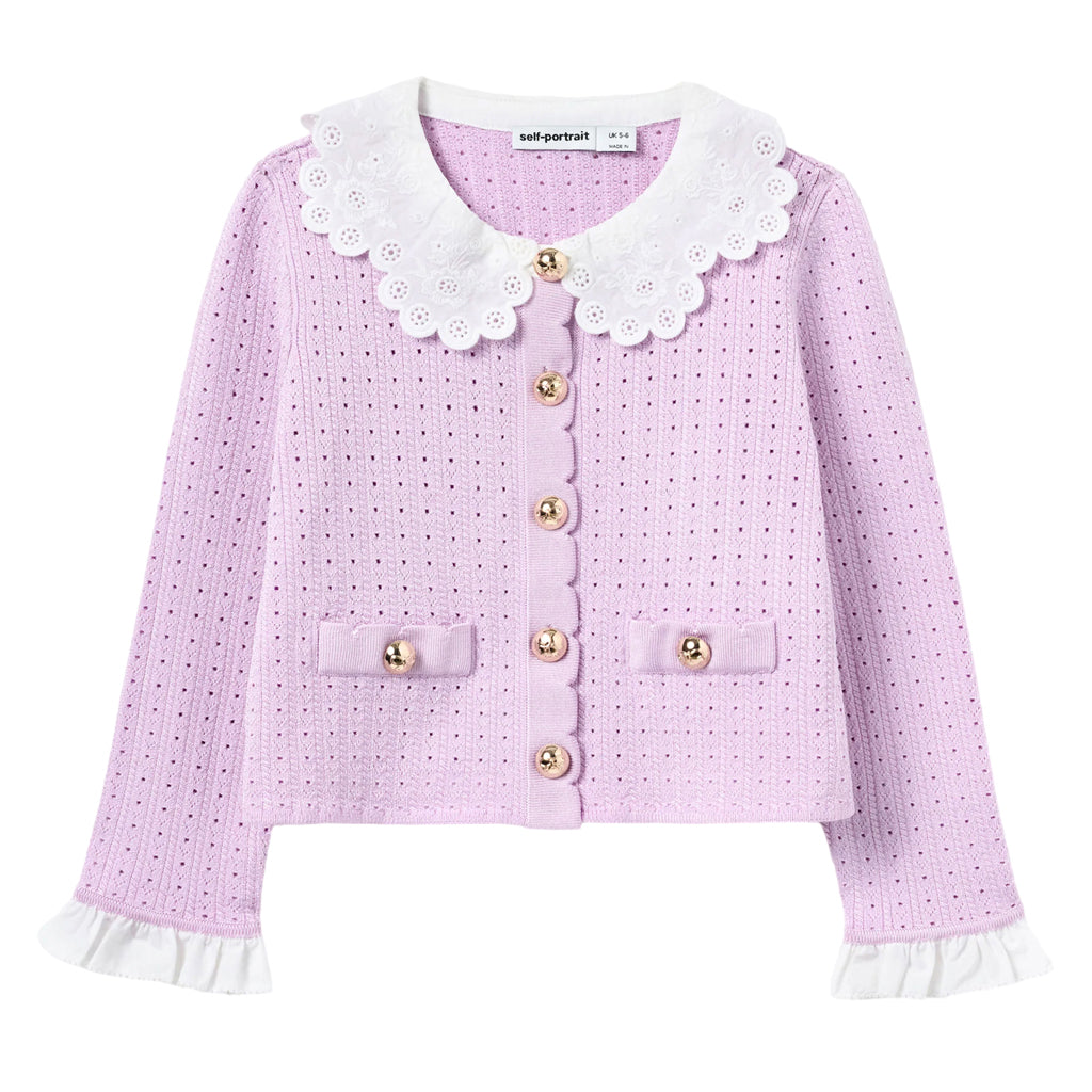Self Portrait Kids Pink Pointelle Ribbed Knit Cardigan