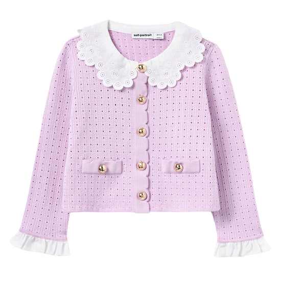 Self Portrait Kids Pink Pointelle Ribbed Knit Cardigan