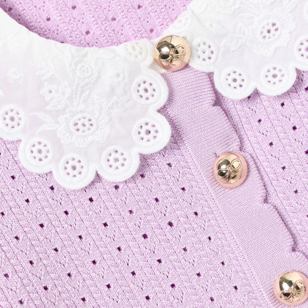 Self Portrait Kids Pink Pointelle Ribbed Knit Cardigan