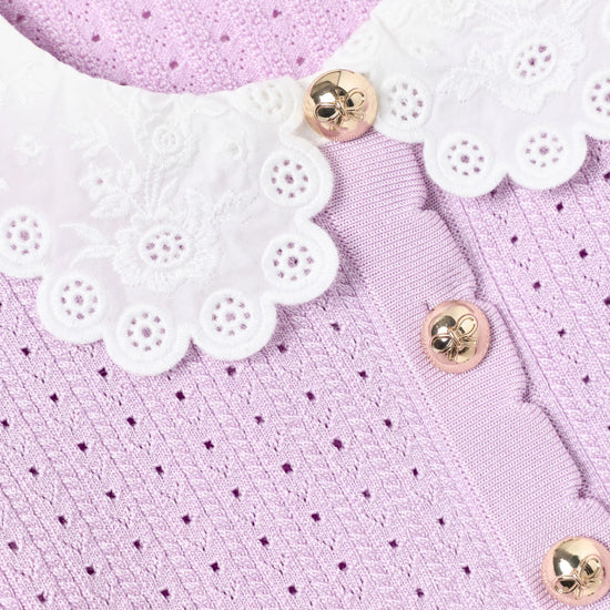 Self Portrait Kids Pink Pointelle Ribbed Knit Cardigan