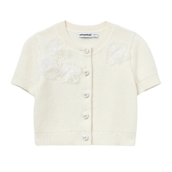 Self Portrait Kids Cream Short Sleeve Flower Cardigan