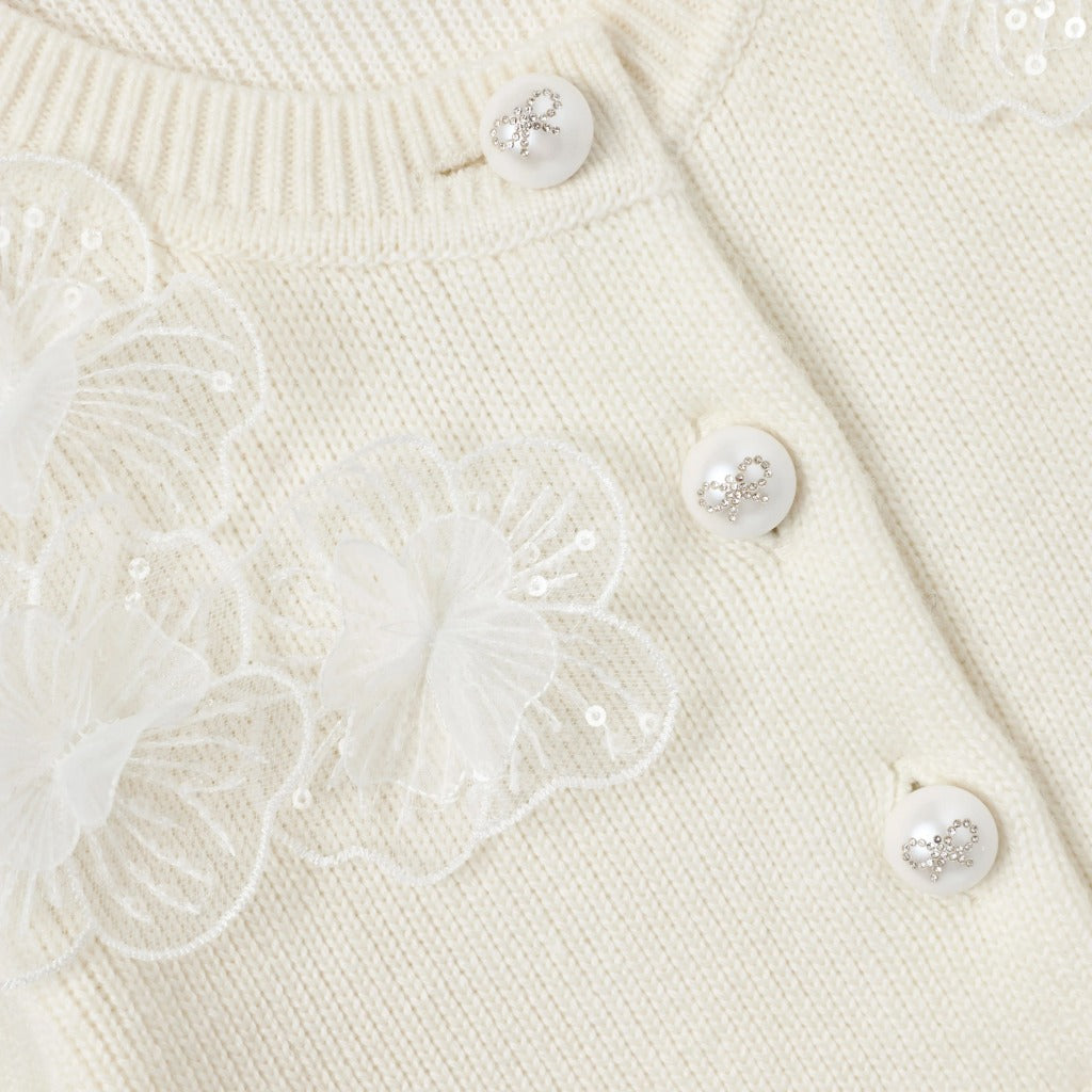 Self Portrait Kids Cream Short Sleeve Flower Cardigan