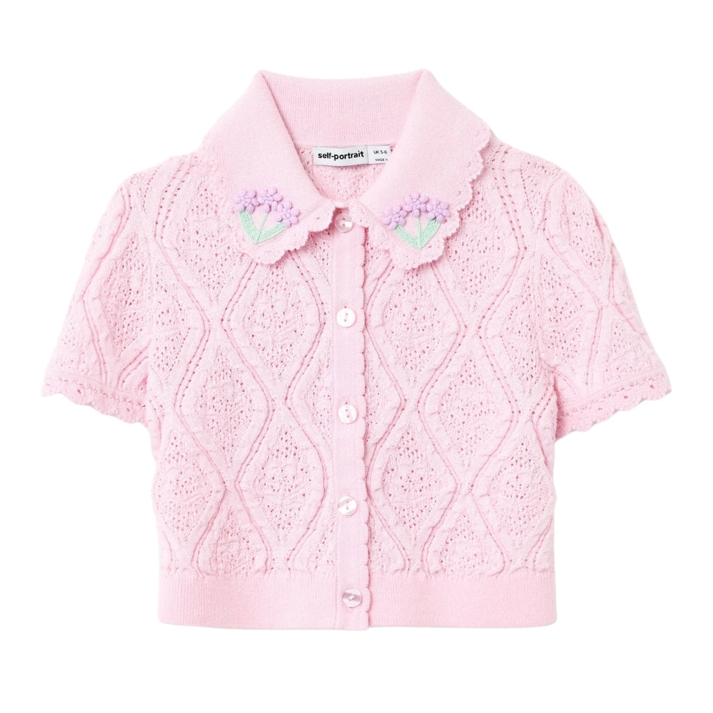 Self Portrait Kids Pink Flower Embroidered Knit Top