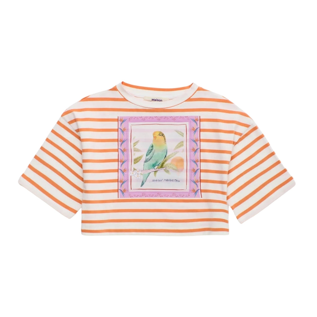 Maison Mangostan Birds Striped Crop T-shirt