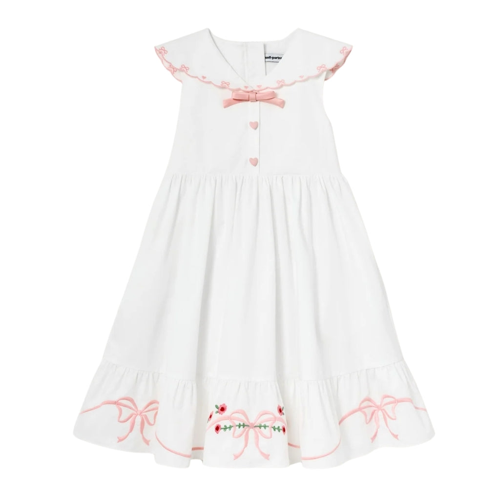 Self Portrait Kids White Cotton Bow Embroidered Dress