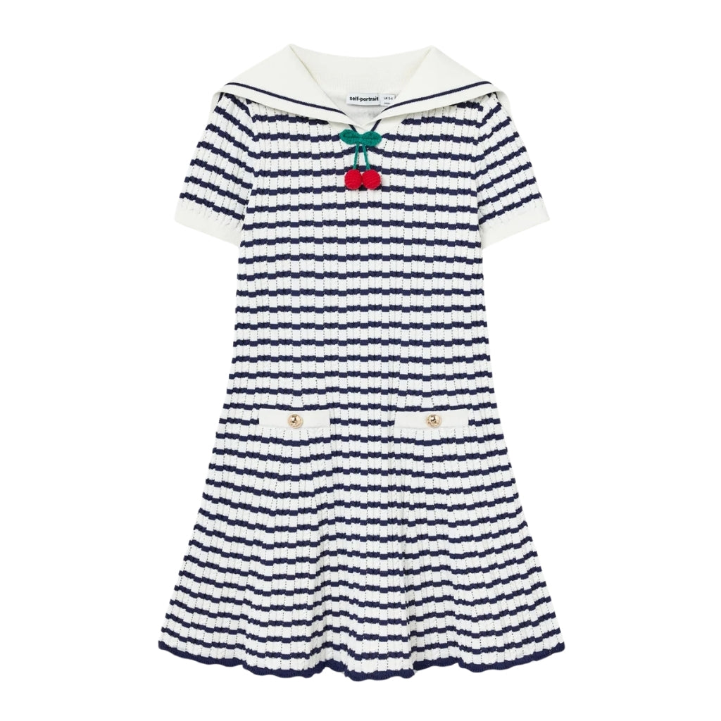 Self Portrait Kids Navy and Cream Stripe Knitted Dress