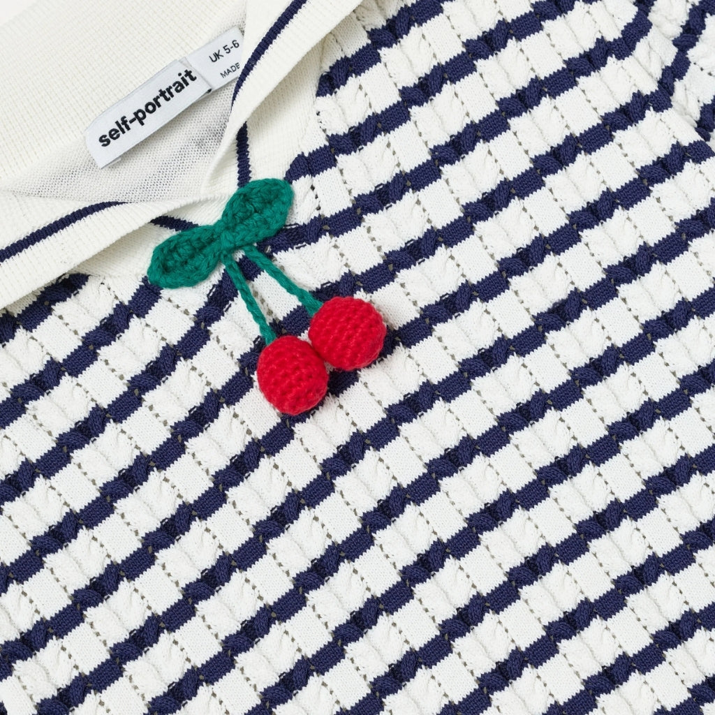 Self Portrait Kids Navy and Cream Stripe Knitted Dress