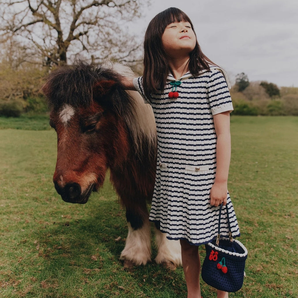 Self Portrait Kids Navy and Cream Stripe Knitted Dress