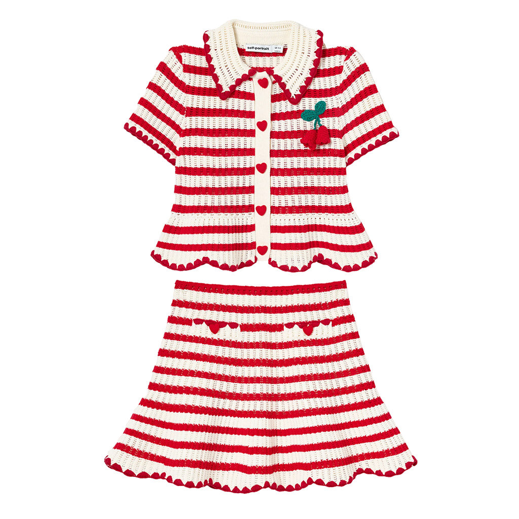 Self Portrait Kids Cream and Red Stripe Knitted Skirt and Top Set