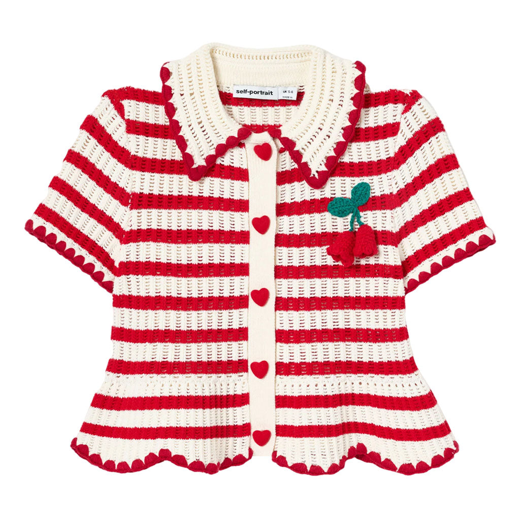 Self Portrait Kids Cream and Red Stripe Knitted Skirt and Top Set