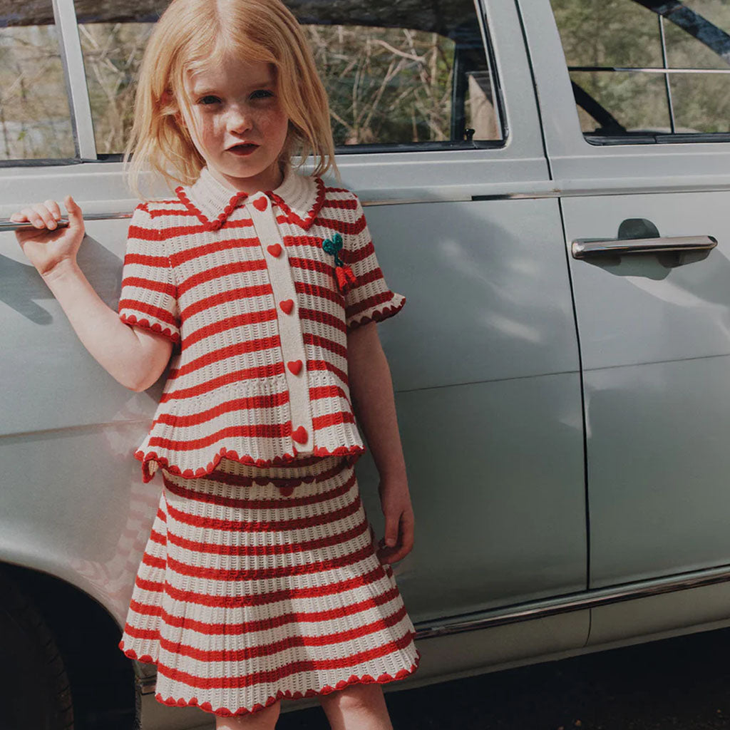 Self Portrait Kids Cream and Red Stripe Knitted Skirt and Top Set