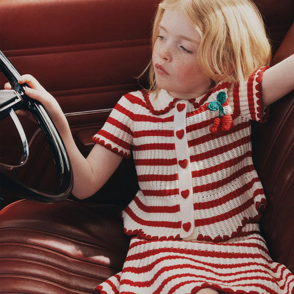 Self Portrait Kids Cream and Red Stripe Knitted Skirt and Top Set