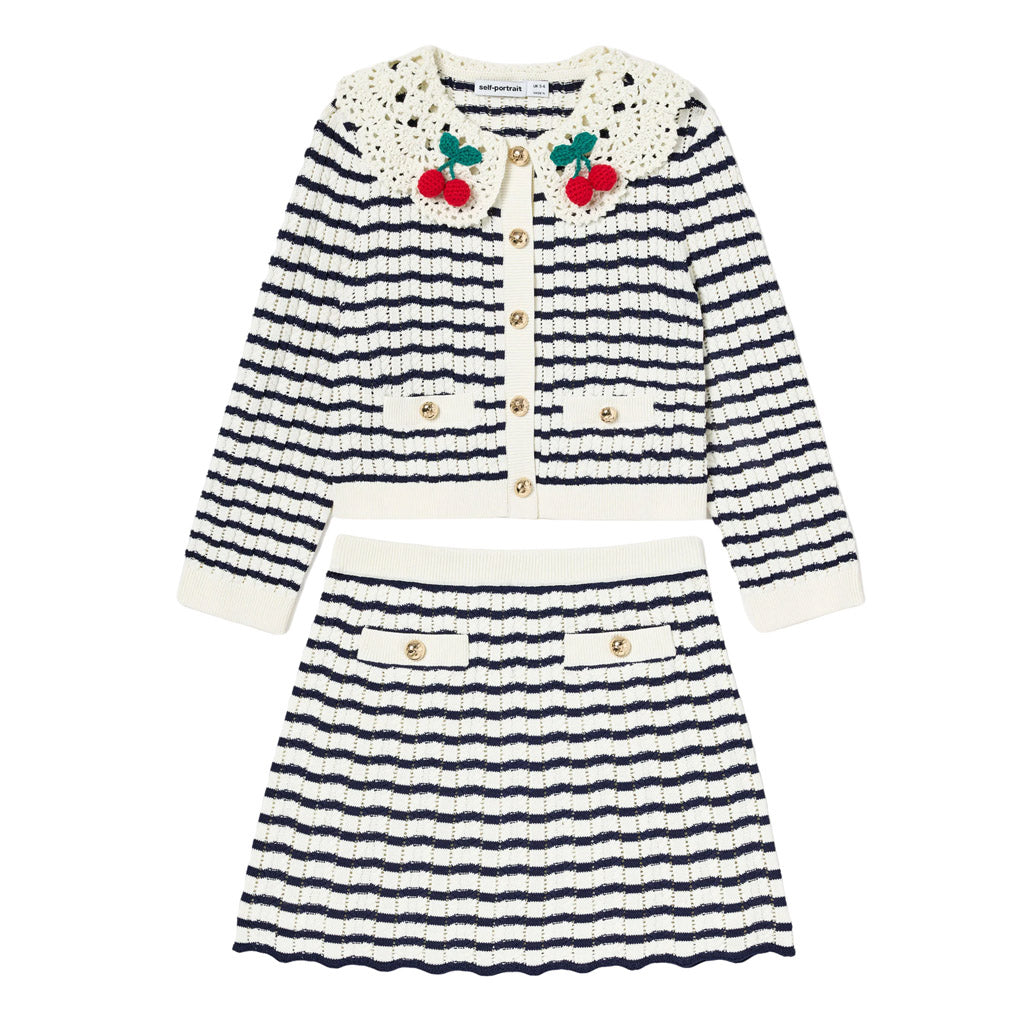 Self Portrait Kids Cream and Navy Striped Knitted Cardigan and Skirt Set