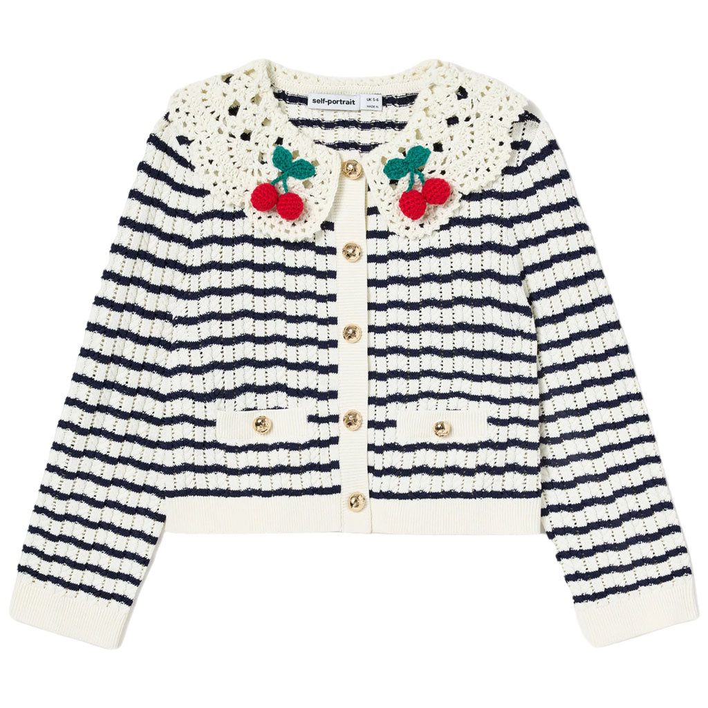 Self Portrait Kids Cream and Navy Striped Knitted Cardigan and Skirt Set