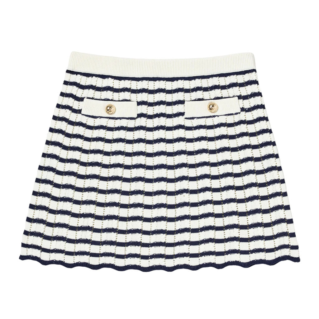 Self Portrait Kids Cream and Navy Striped Knitted Cardigan and Skirt Set