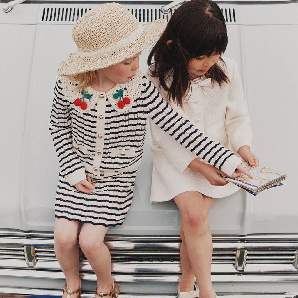 Self Portrait Kids Cream and Navy Striped Knitted Cardigan and Skirt Set