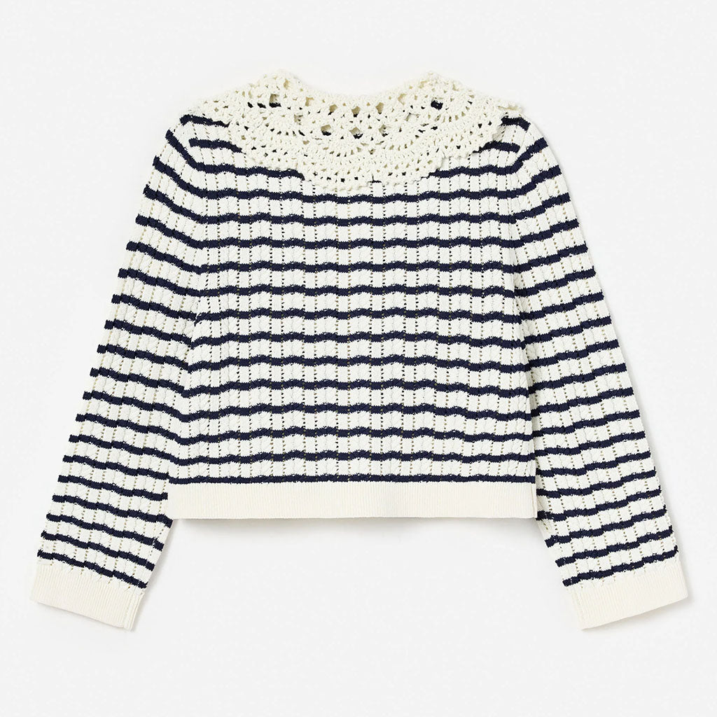 Self Portrait Kids Cream and Navy Striped Knitted Cardigan and Skirt Set
