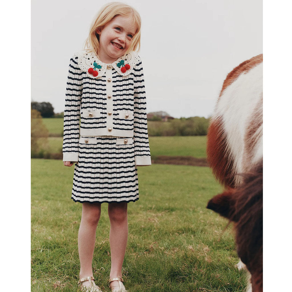Self Portrait Kids Cream and Navy Striped Knitted Cardigan and Skirt Set