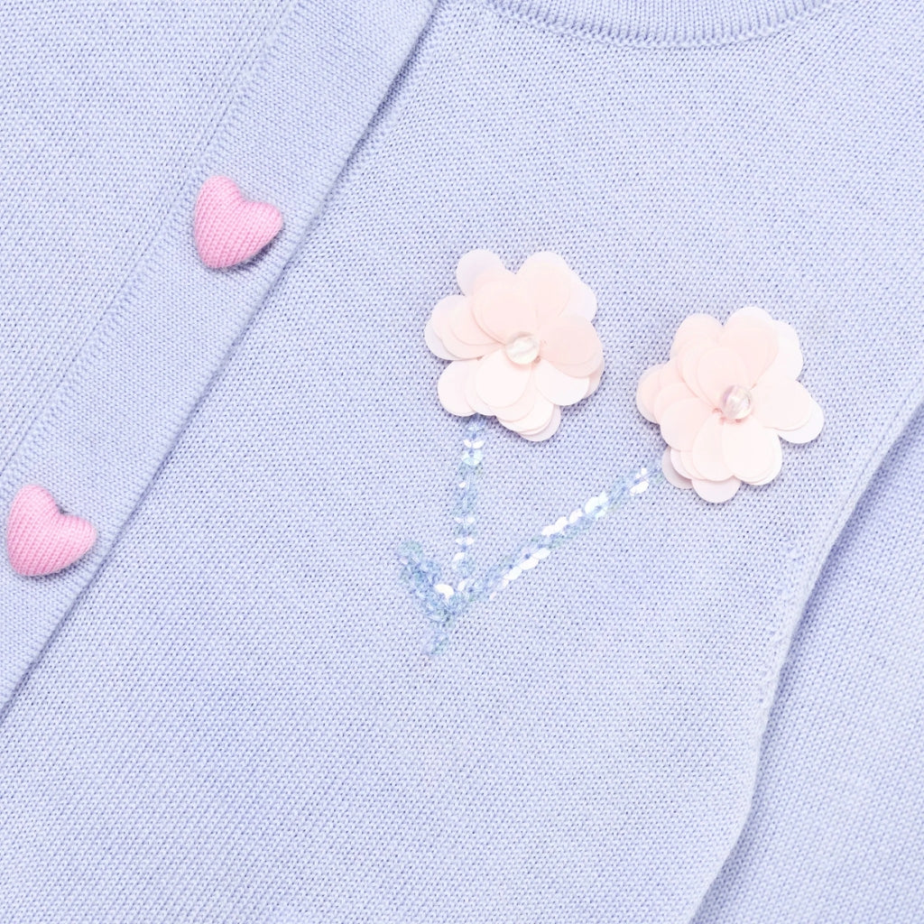 Self Portrait Kids Blue Sequin Flower Embroidered Knit Cardigan