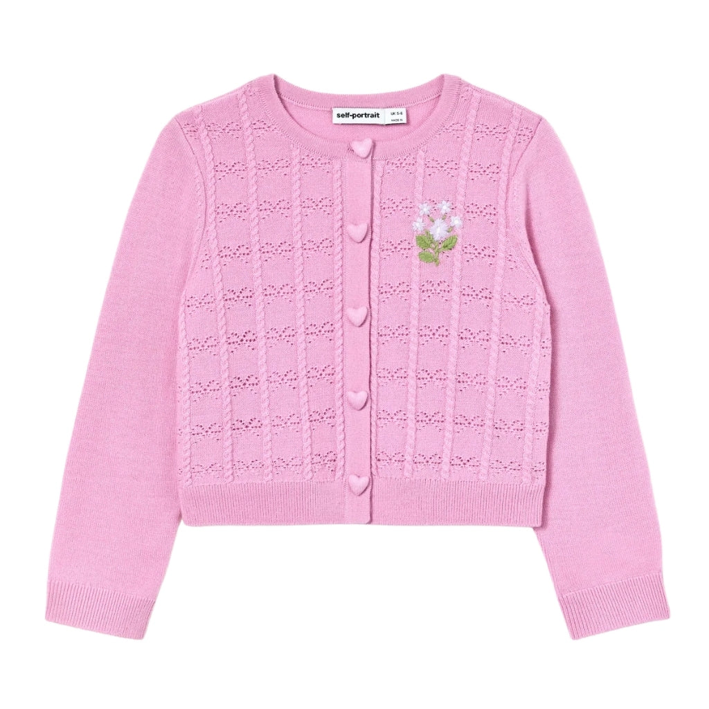 Self Portrait Kids Pink Bow Pointelle Knit Cardigan