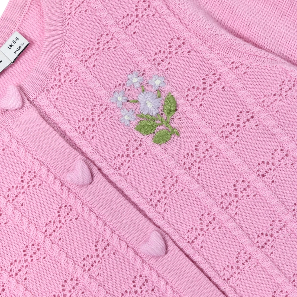 Self Portrait Kids Pink Bow Pointelle Knit Cardigan
