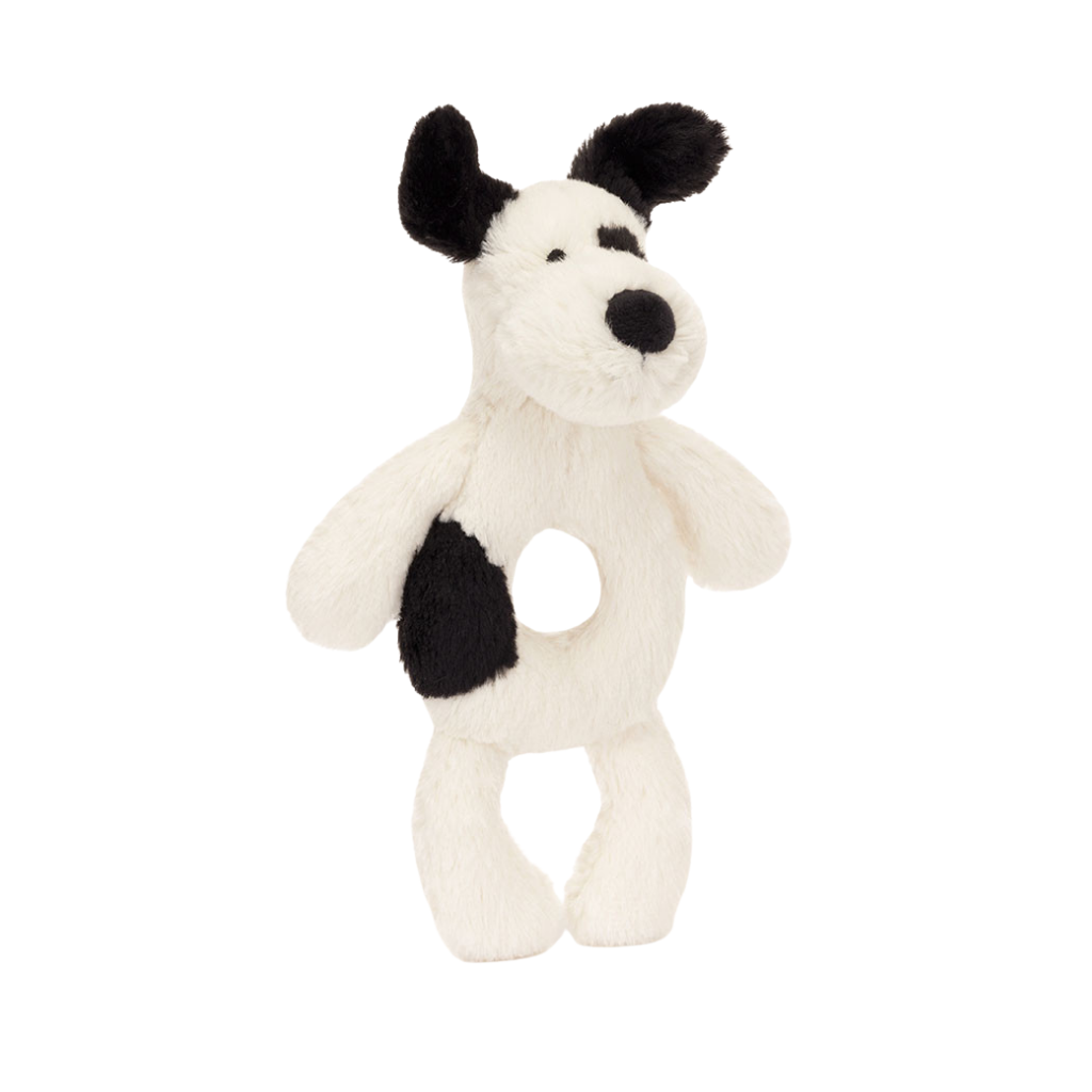 Jellycat Bashful Black and Cream Puppy Ring Rattle